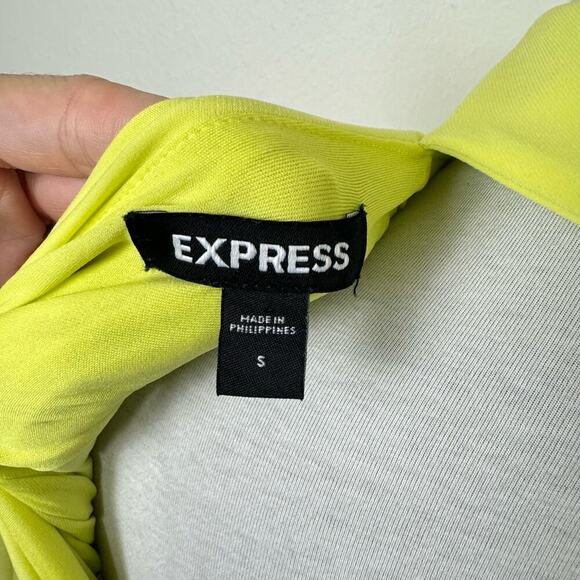 Express Neon Yellow Draped Mock Neck Open Back Thong Bodysuit w Shoulder Pads - Picture 11 of 12